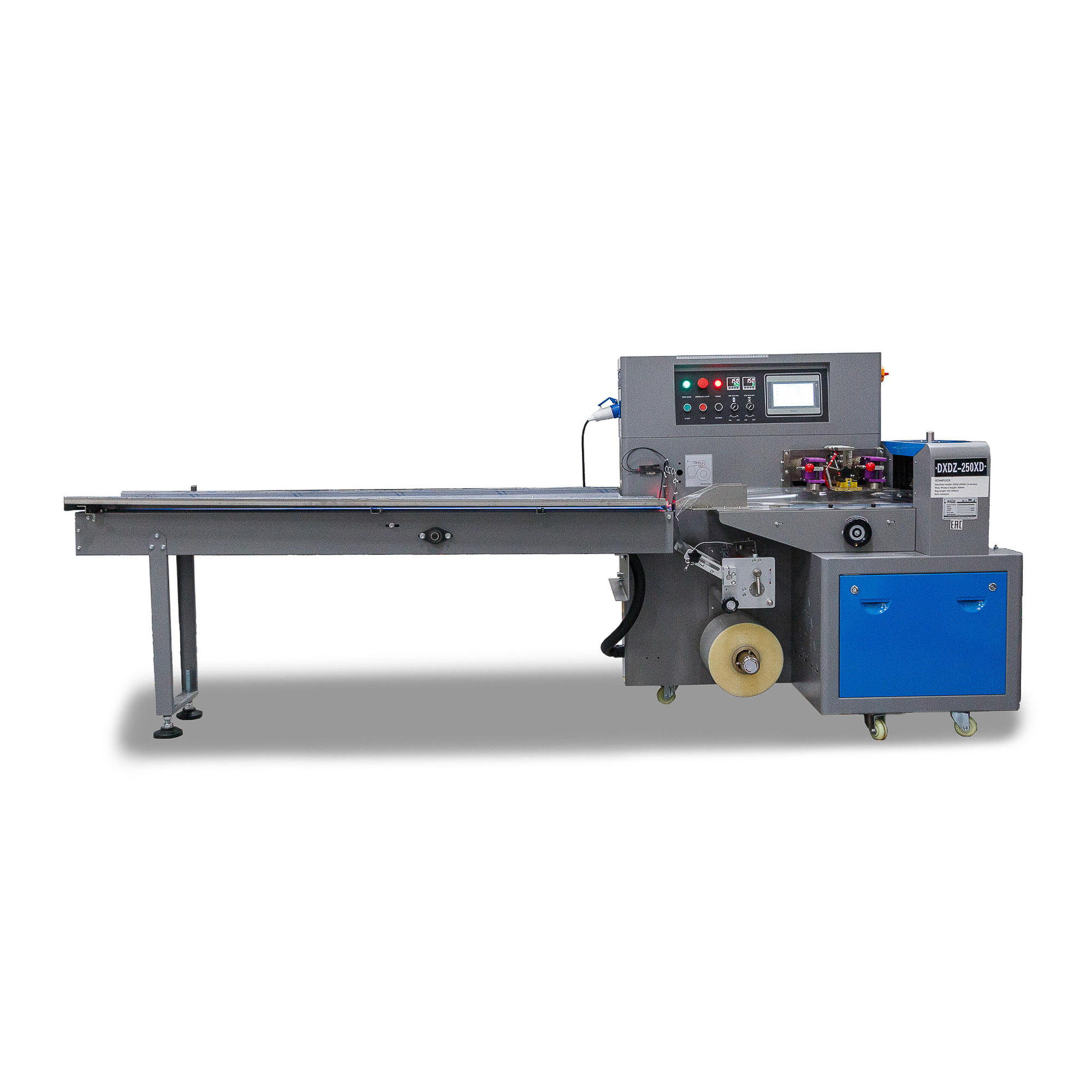 Горизонтальная упаковочная машина DXDZ-250XD (3 servo, лент. 140 мм, рег.форм., min bag L 150, H 50, 1 позиц.нож)