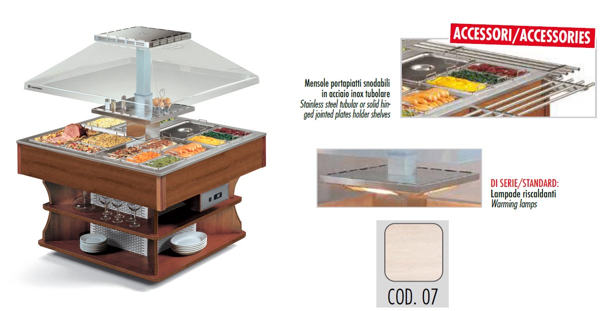 СТОЛ ШВЕД.ПОДОГРЕВАЕМЫЙ TECFRIGO OASI 8 M DRY НЕОКРАШ. ДЕРЕВО+ПОЛКИ ДЛЯ ПОДНОСОВ