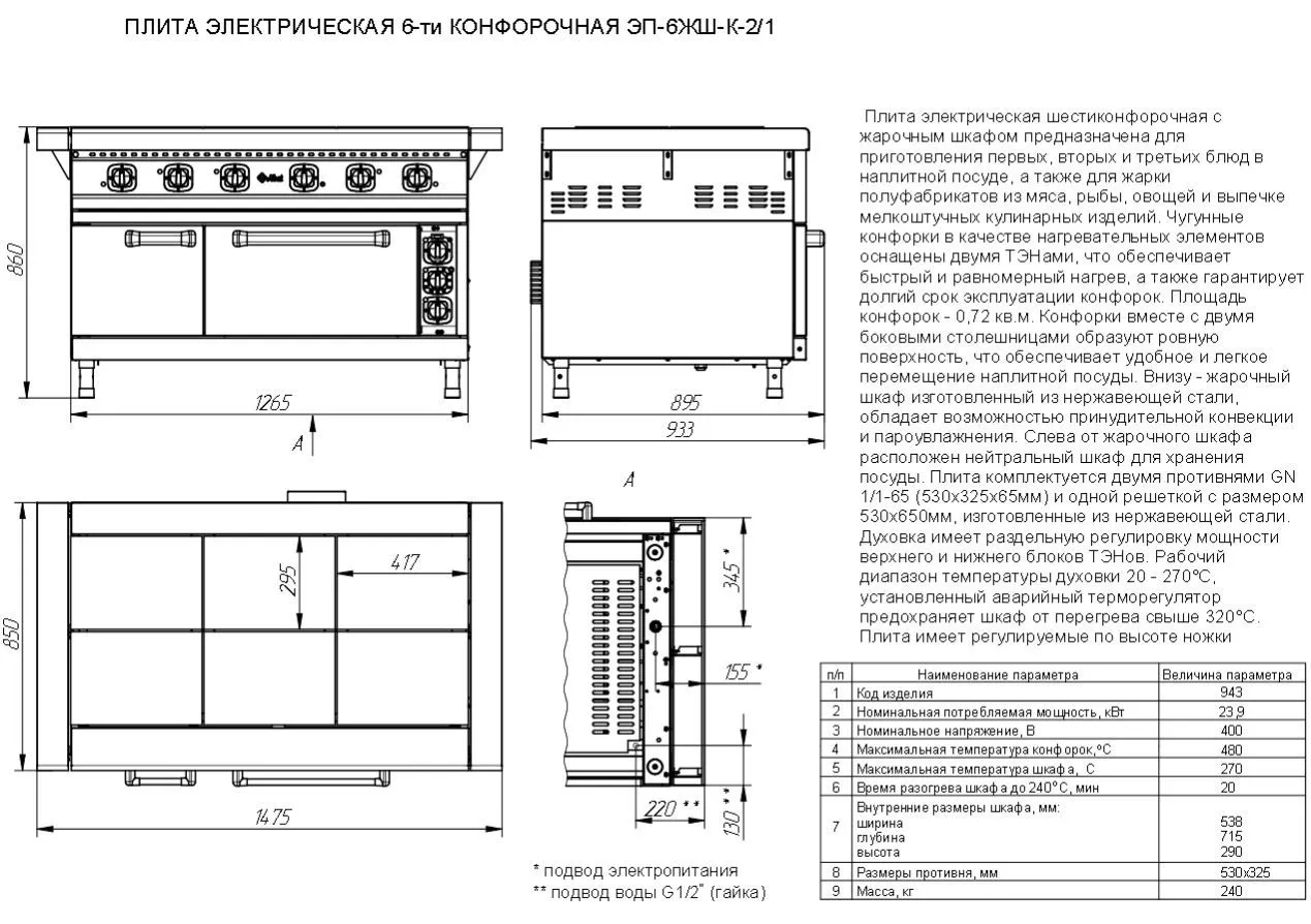 Плита электрическая Abat ЭП-6ЖШ-К-2/1 (с конвекцией)