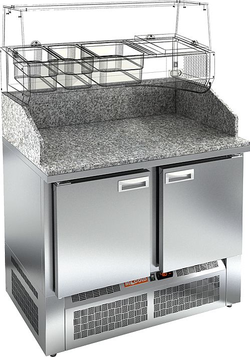 PZE3-11/GN КАМЕНЬ стол для пиццы охл.(+2+10), 2 двери, с бортом с 3х сторон, 1000х700х1050мм