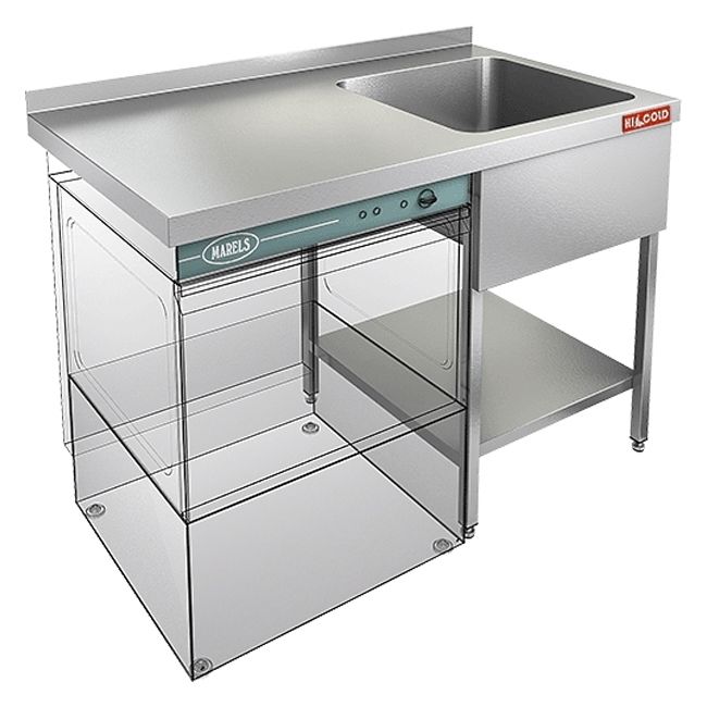 НСО1МП-12/7БП стол-моечная ванна справа для посудомоеч.машины с левым крылом и ниж.полкой, 1 секц.