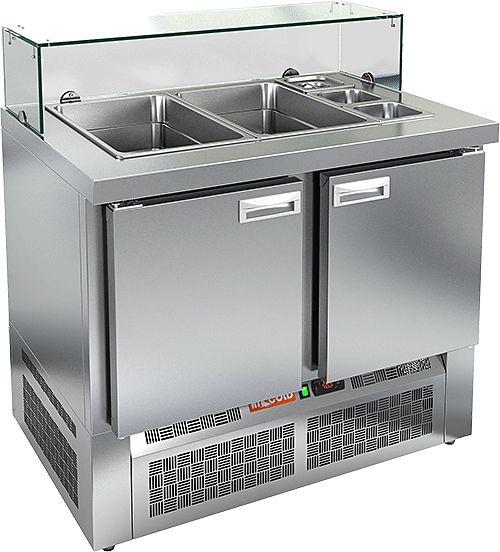 SLE3-11GN НИЗКОЕ СТЕКЛО стол для салатов, охл. (+2+10), 2 двери, 1000х700х1055мм