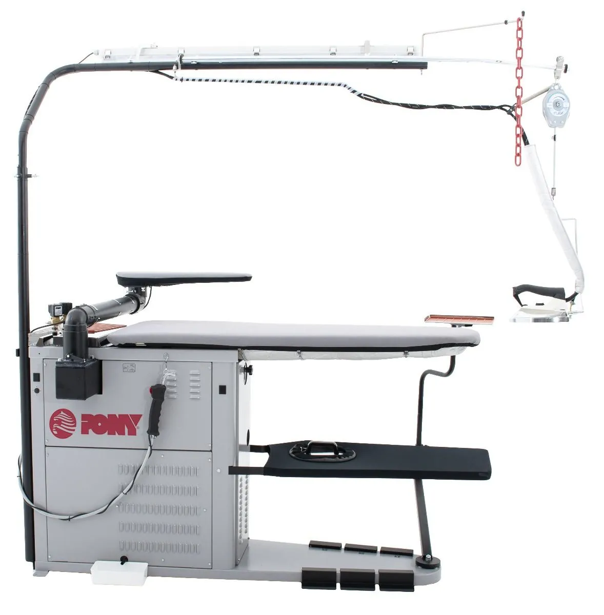 Стол гладильный Pony серии RECORD maxi + пар-р 20л, ТЭНы 18 кВт, F.3R, F.4R, доп педали, осв., рельс, подвес