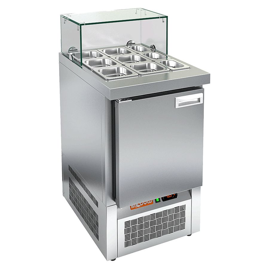 SLE3-1GN НИЗКОЕ СТЕКЛО стол для салатов, охл. (+2+10), 1 дверь, 565х700х1055мм, ниж.распол.агрегата