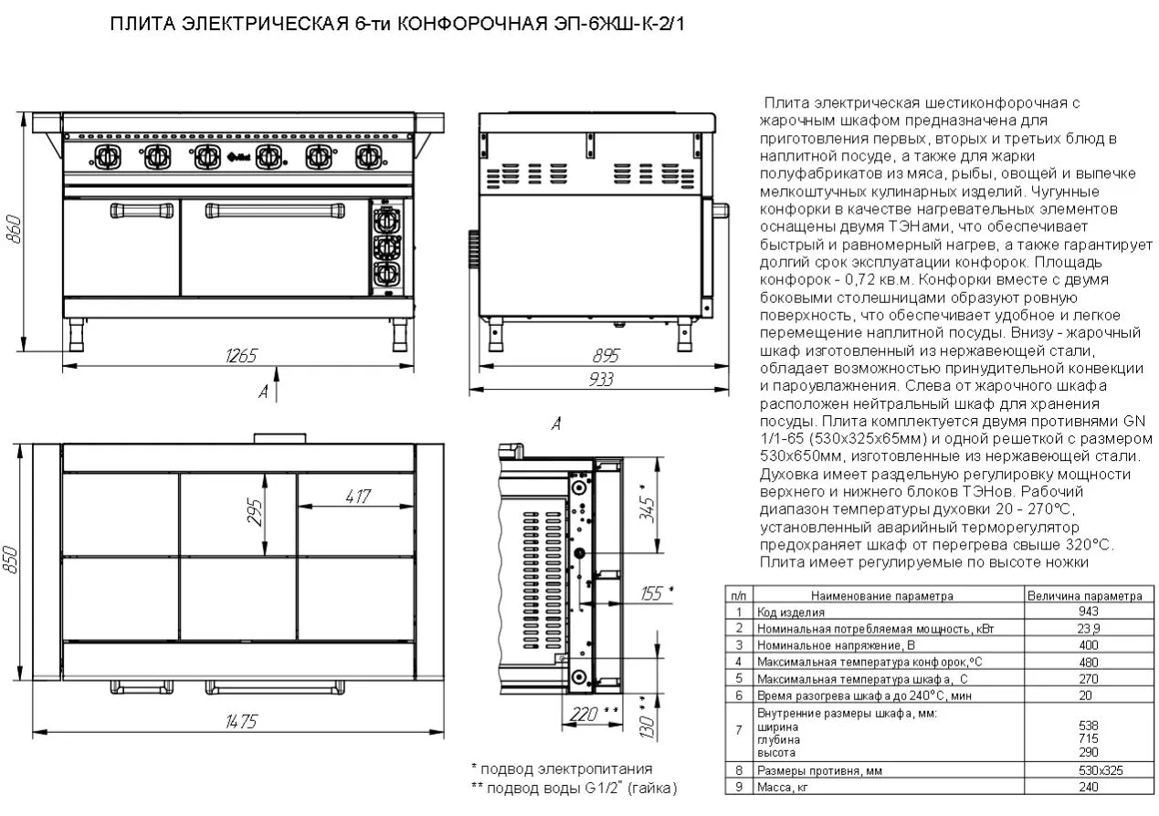 Плита электрическая Abat ЭП-6ЖШ-К-2/1 (с конвекцией)