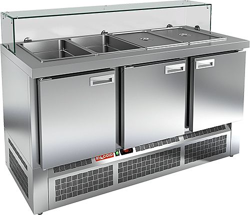 SLE3-111GN НИЗКОЕ СТЕКЛО стол для салатов, охл. (+2+10), 3 двери, 1485х700х1055мм