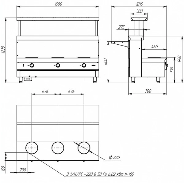 Мармит для 1-х блюд Atesy Ривьера М1-3.1500-02-О 3-х конф. без полок